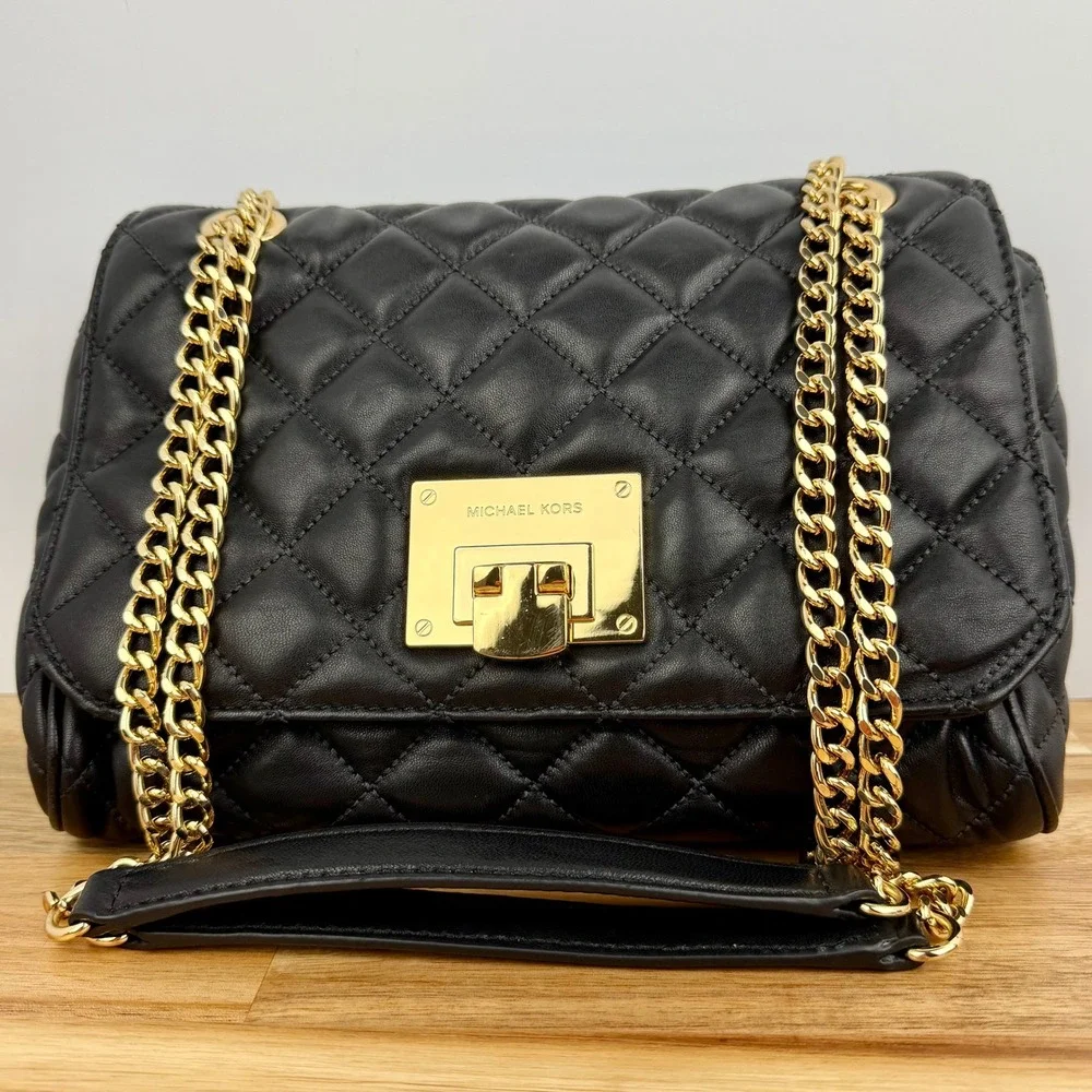 Michael Kors Sloan Quilted Leather Shoulder Bag Black Gold Chain Flap